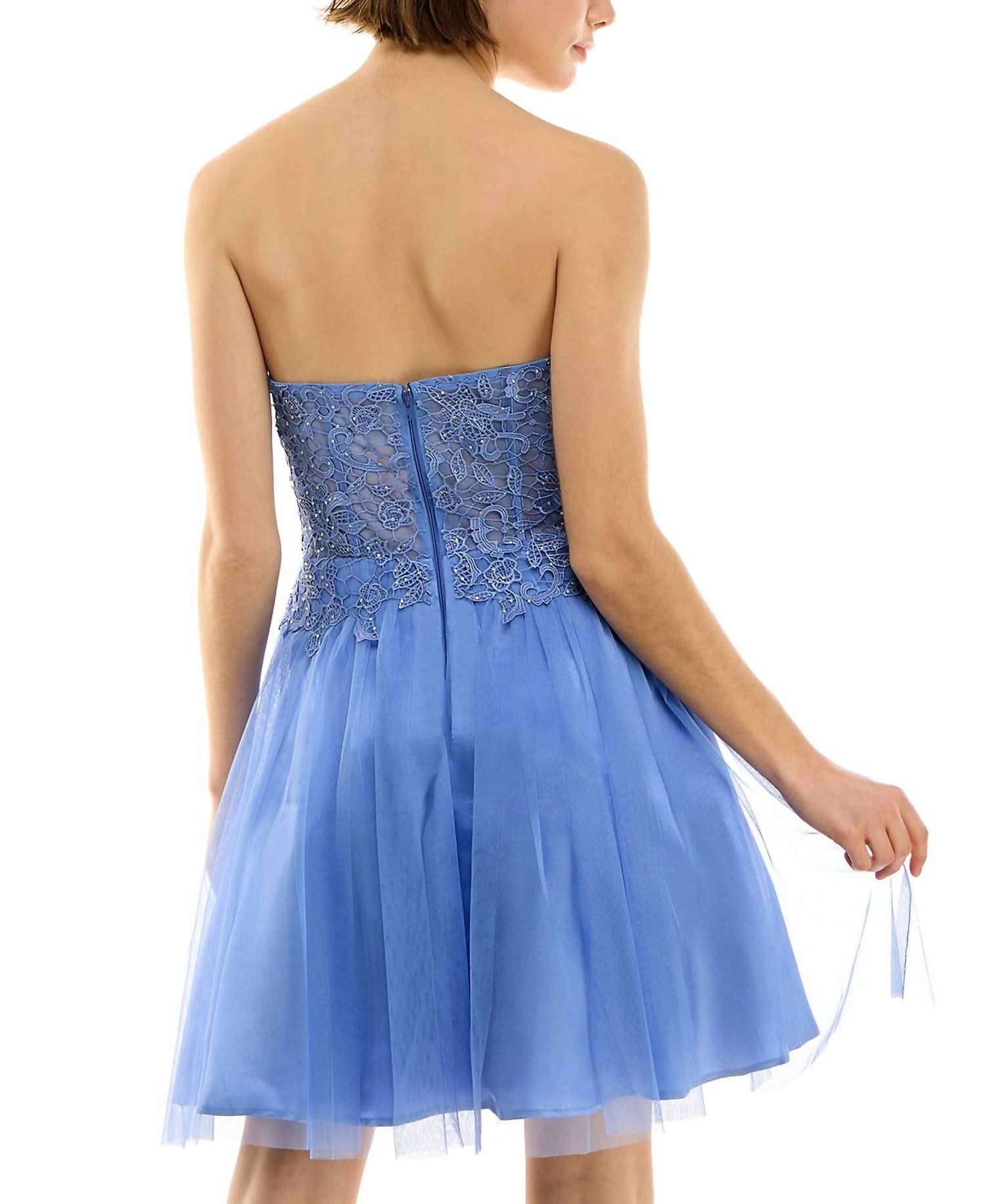 BCX Juniors Strapless Lace-bodice Fit & Flare Dress in blue - women's dress - detail view