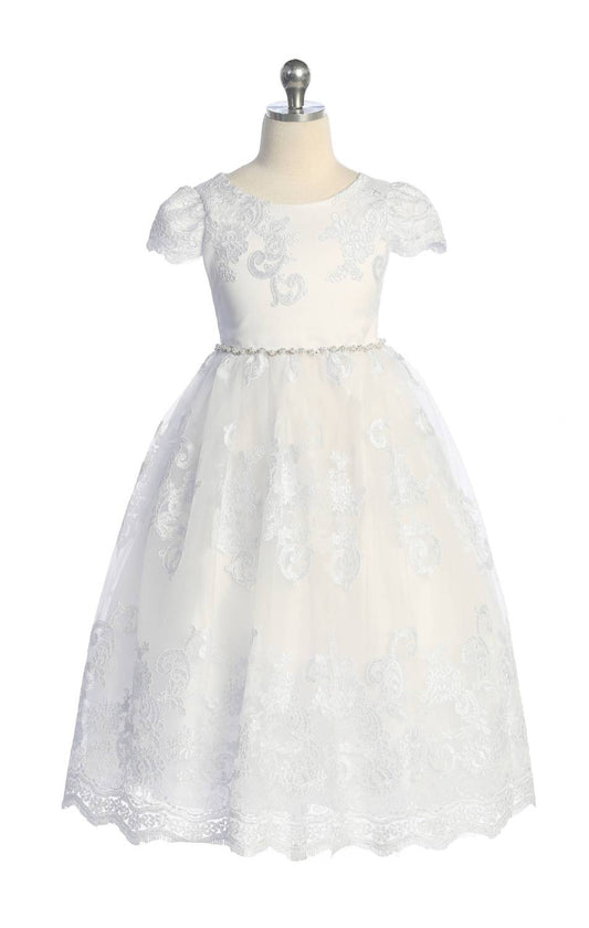 Kid'S Dream - Girls' Cording Embellished Lace Sleeve Long Communion Dress