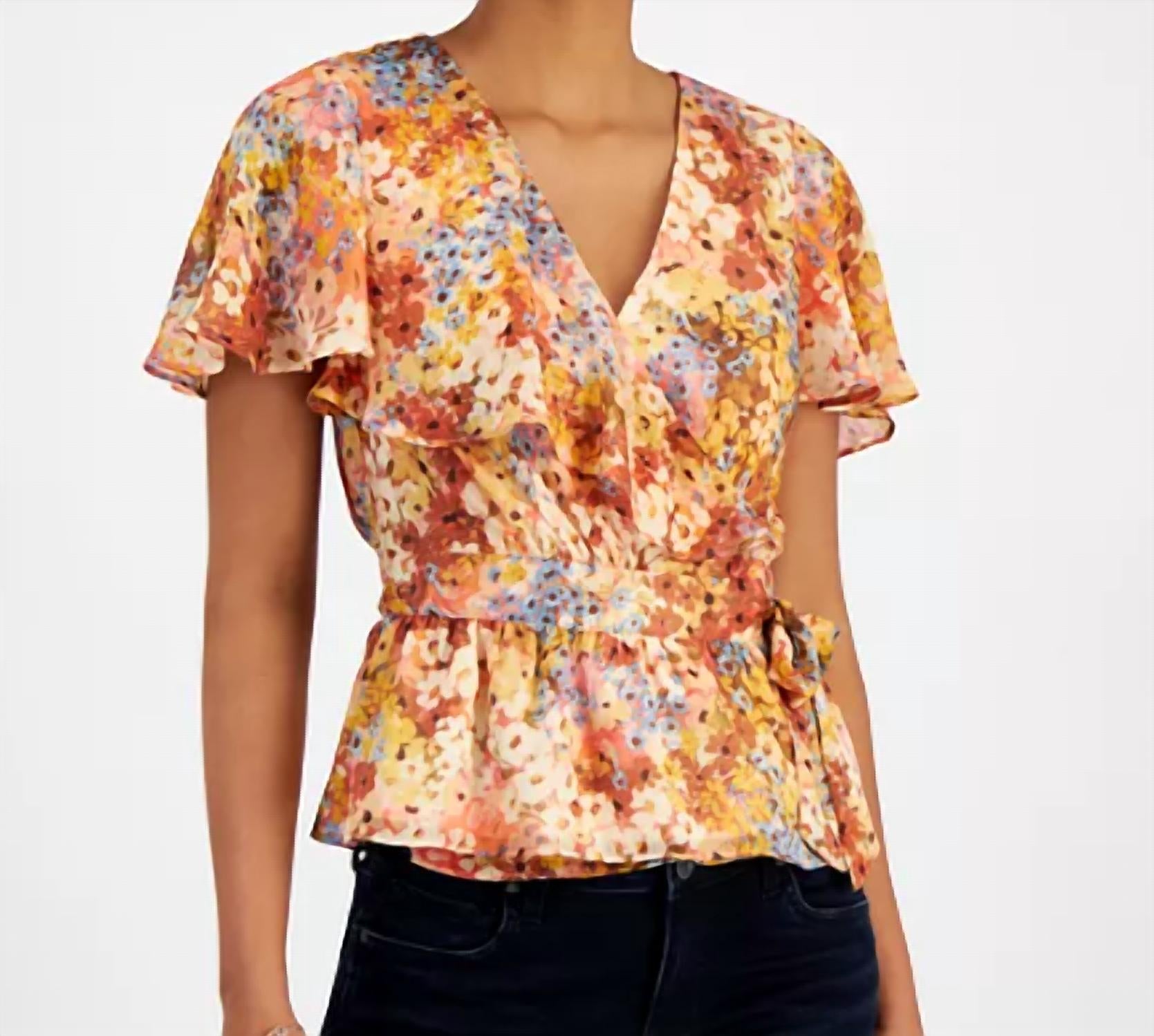 Guess Women's Ferra Wrap Top in rileys daisies print - women's blouse - detail view