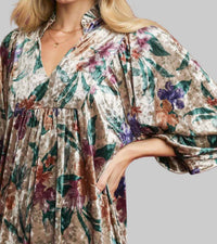 Umgee - Velvet Floral Print Balloon Sleeve Short Dress