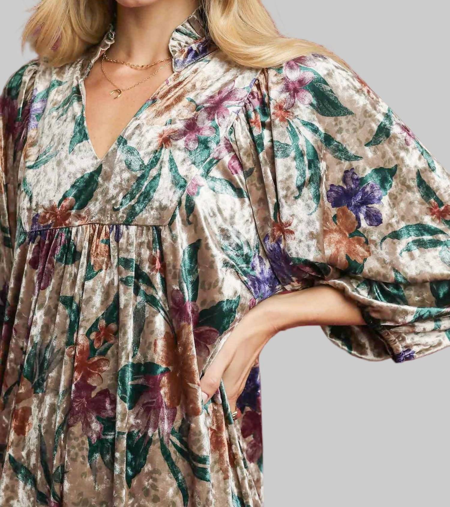 Umgee - Velvet Floral Print Balloon Sleeve Short Dress