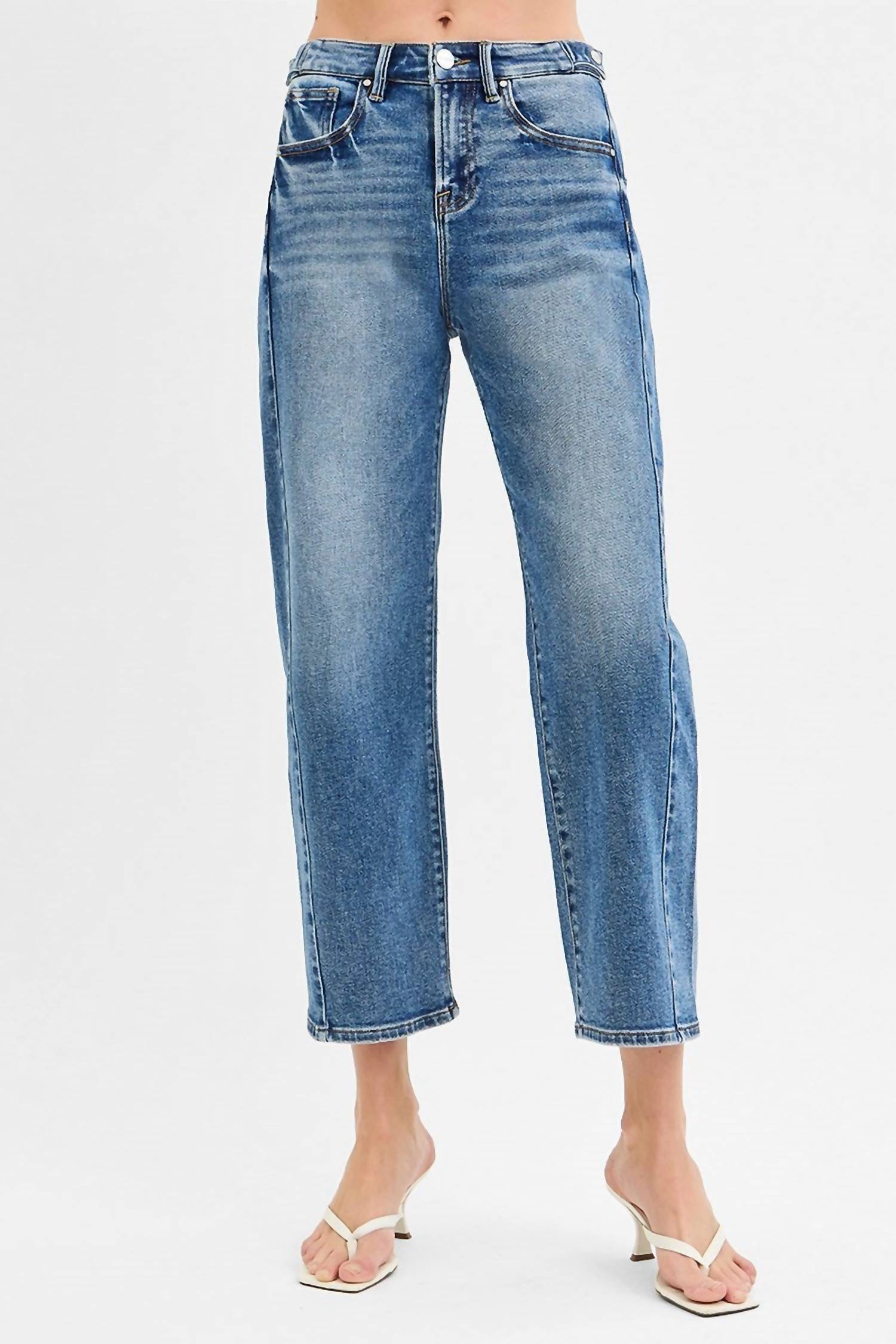 Risen - Adjustable Waistband Crop Length Barrel Jeans