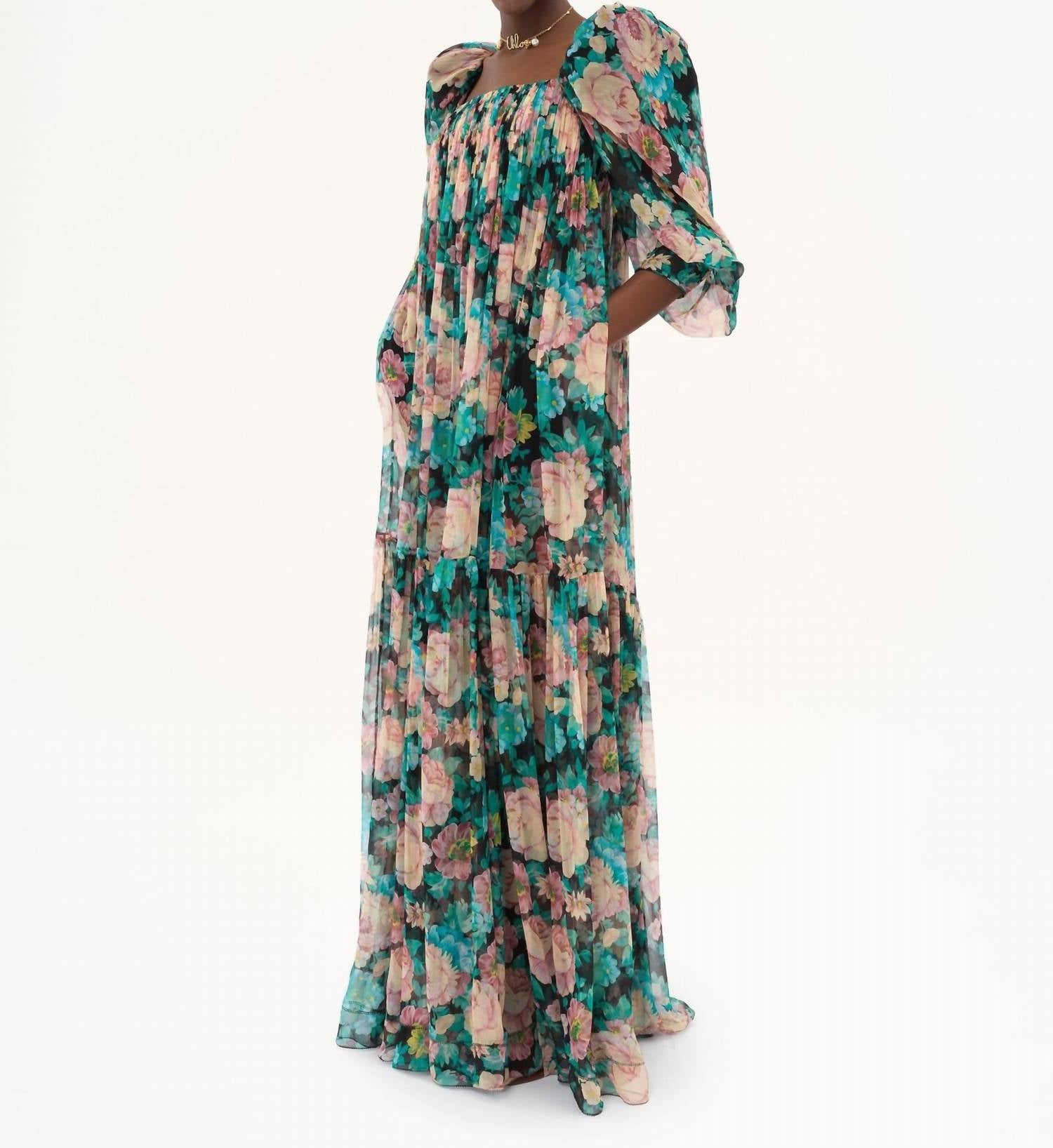 Chloe - Long Square Neck Puff Sleeves Dress