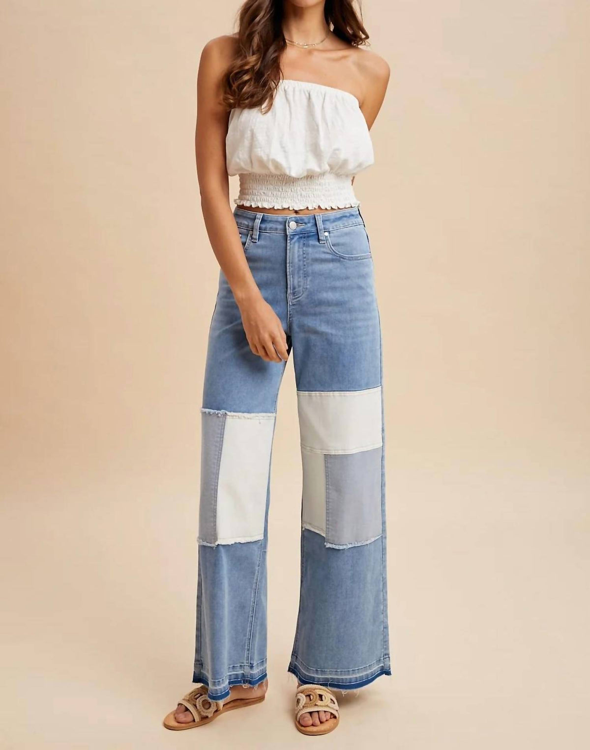 Anniewear - Comfort Stretch Patchwork Wide Leg Jeans