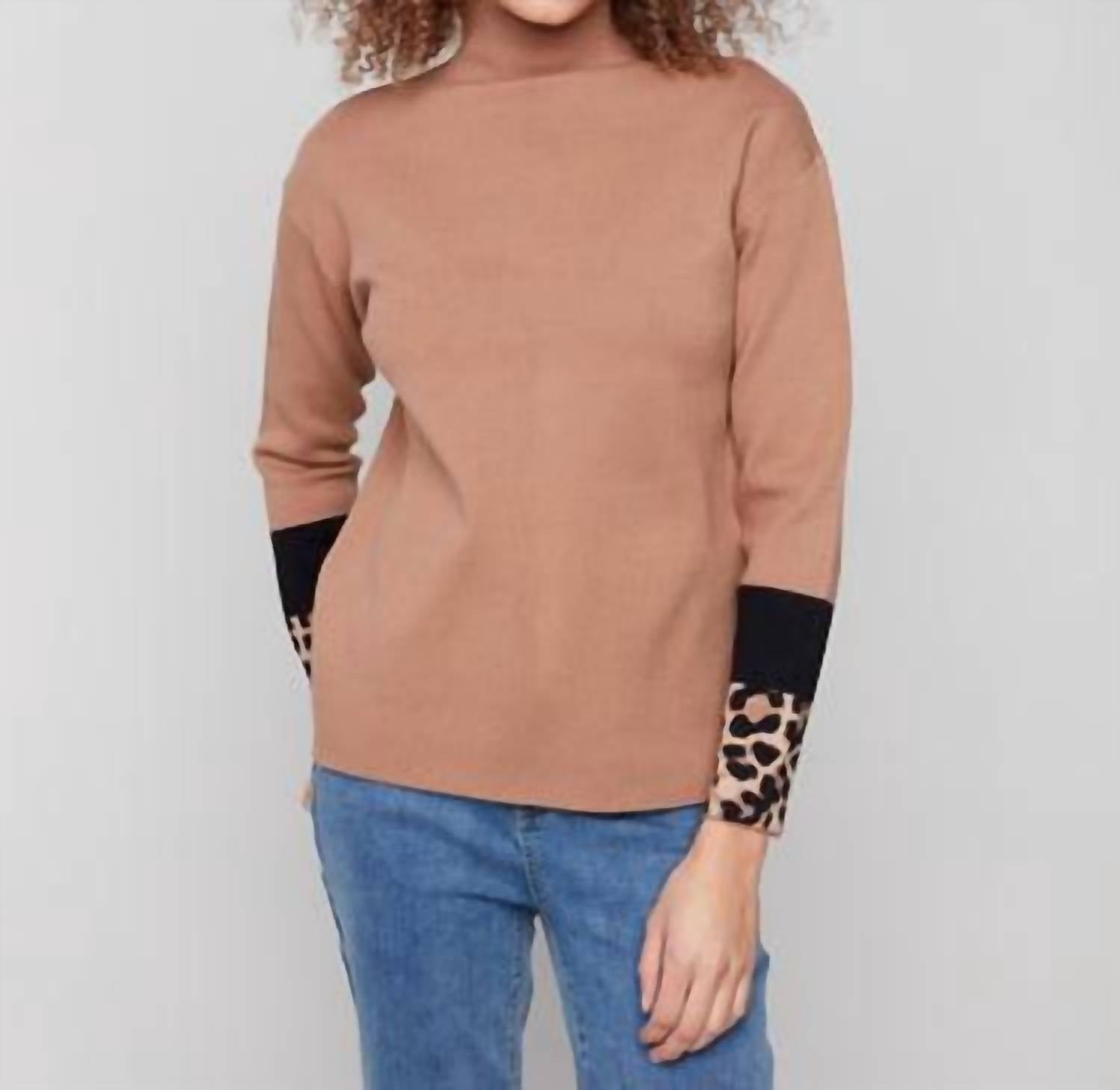 Charlie B - Funnel Sweater With Animal Print Sleeve Detail