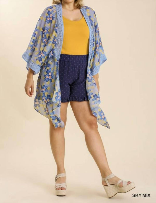 Sheer Floral Print Open Front Kimono With Crochet Detail Plus