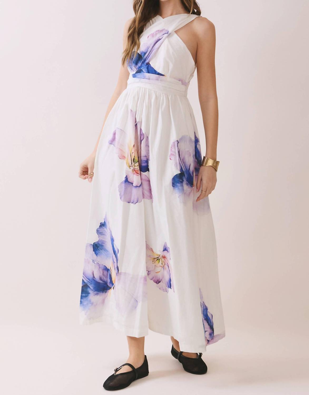 TCEC Floral Print Cross Halter Neck Midi Dress in off white - women's dress - view 5