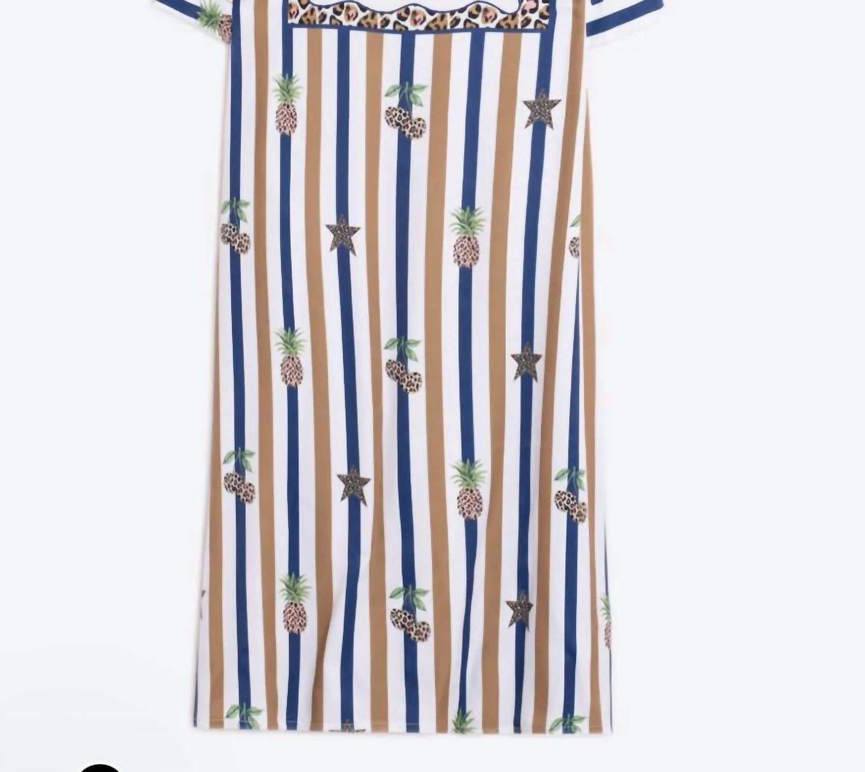Vilagallo Pineapples Rayas Viscosa Print in camel navy and white striped - women's dress - detail view