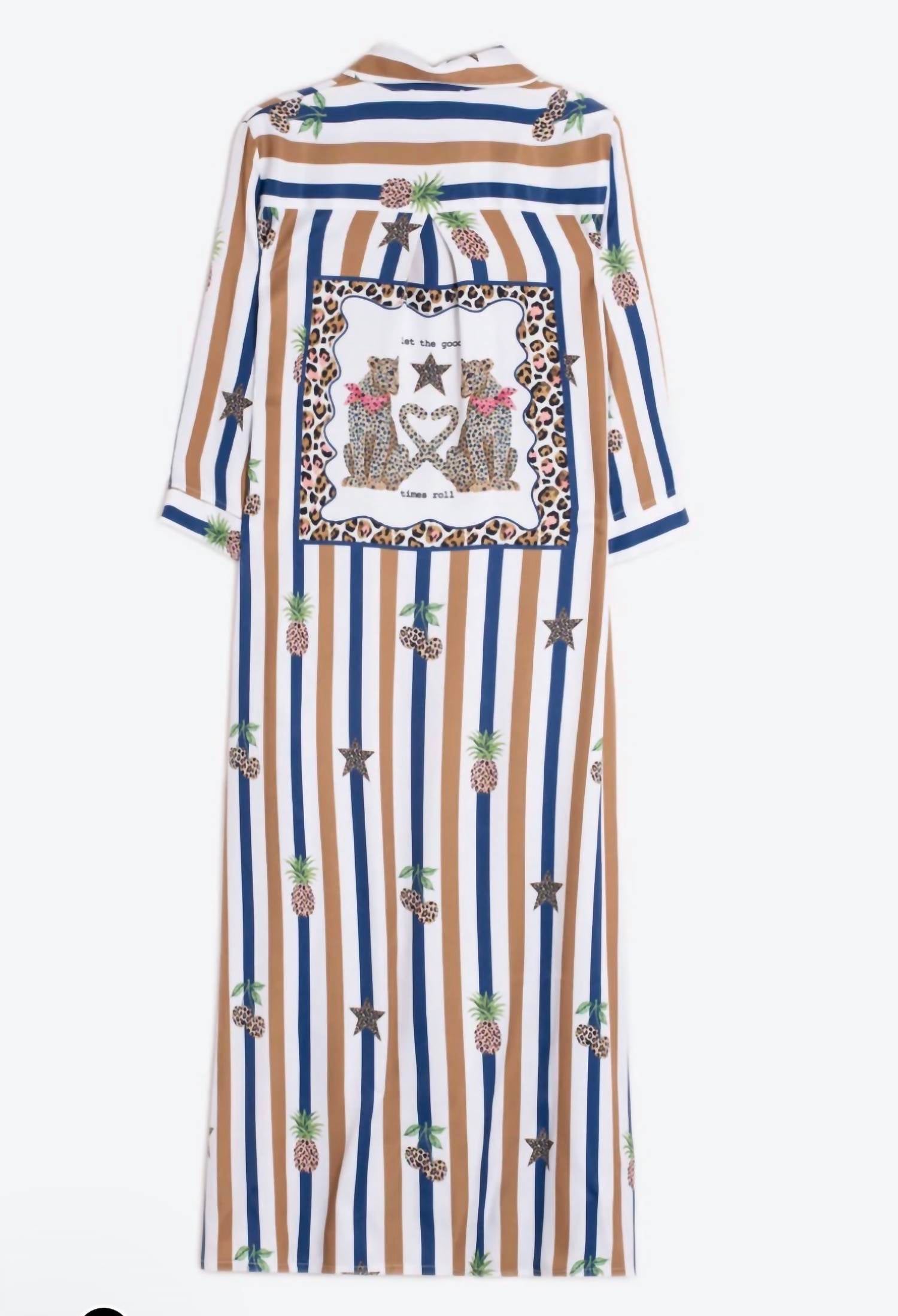 Vilagallo Pineapples Rayas Viscosa Print in camel navy and white striped - women's dress - alternate view