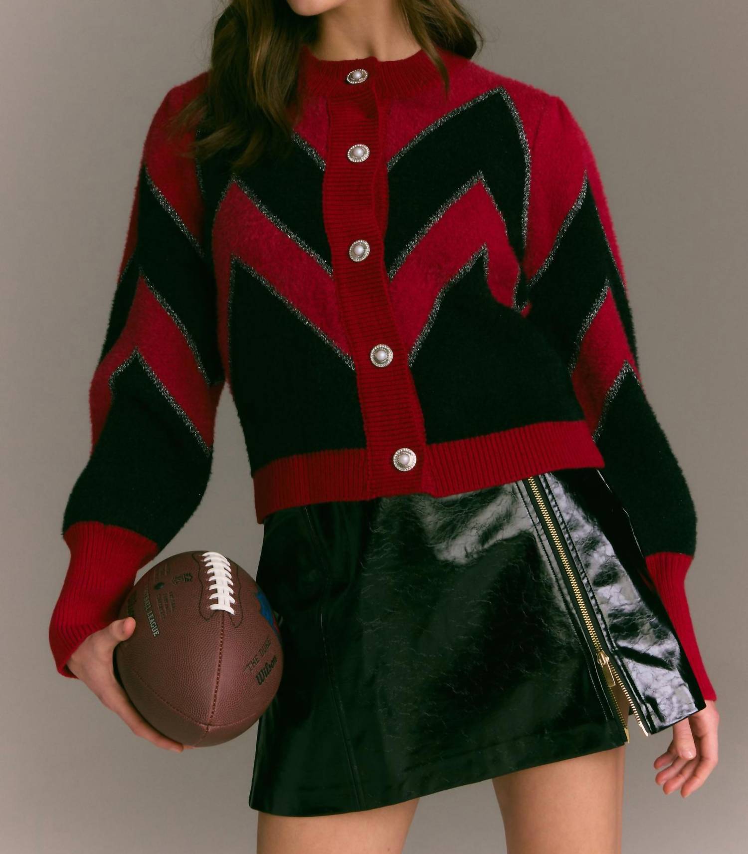 ALLISON NEW YORK Fuzzy Chevron Cardigan in red black - women's cardigan - view 4