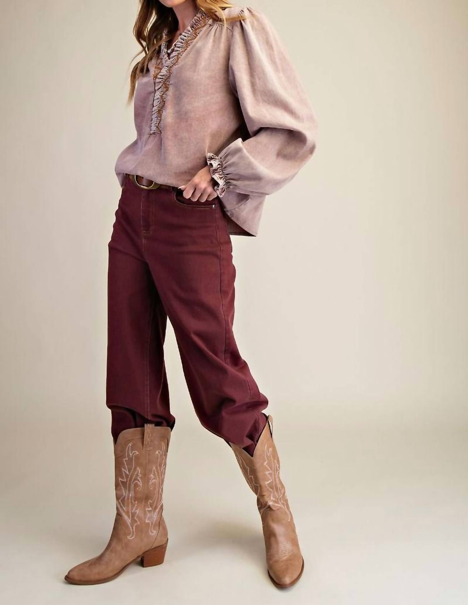 Easel - Dusty Long Puff Sleeves Top