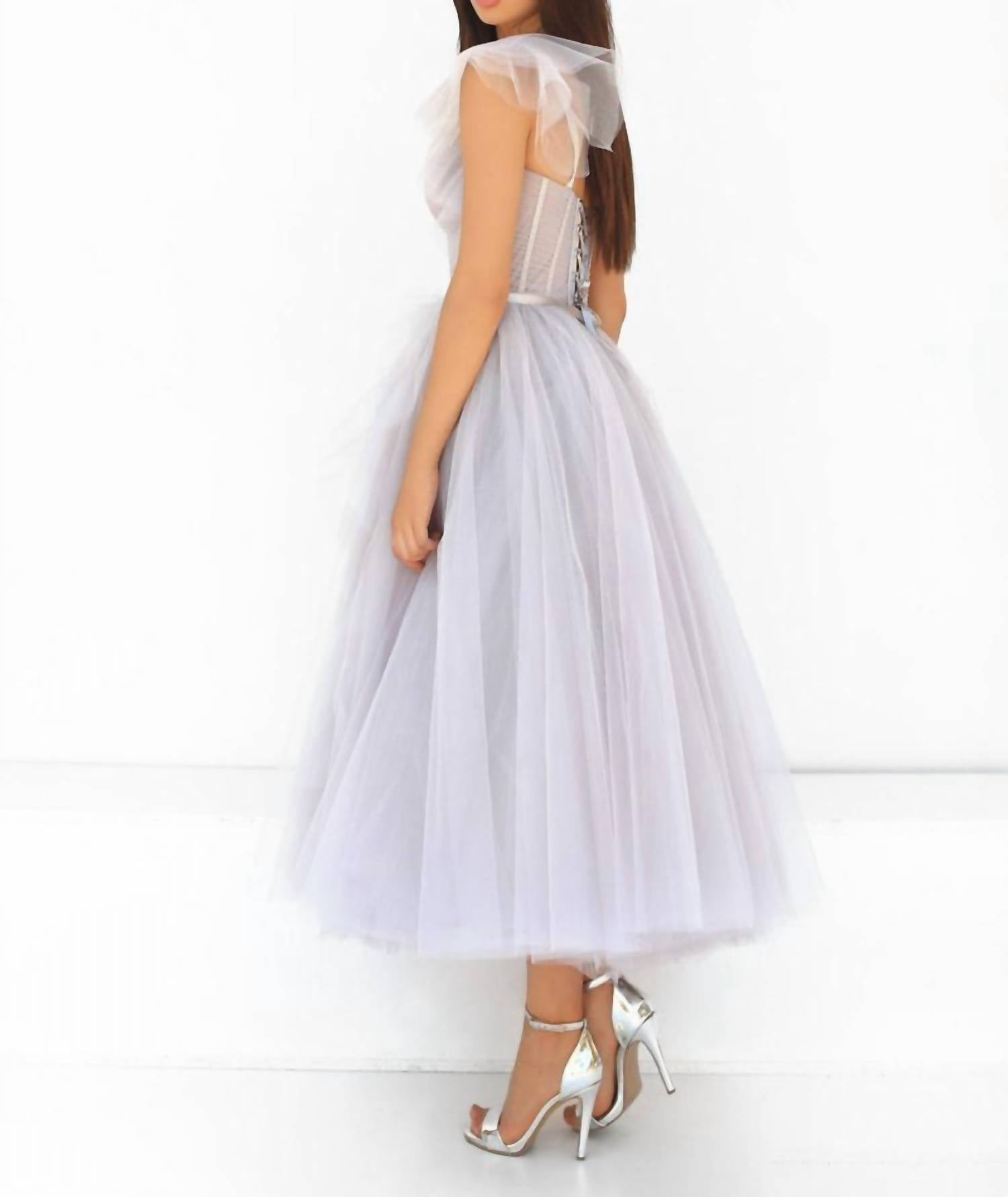 Tarik Ediz Women's A-line Dress in lilac blue - women's dress - detail view