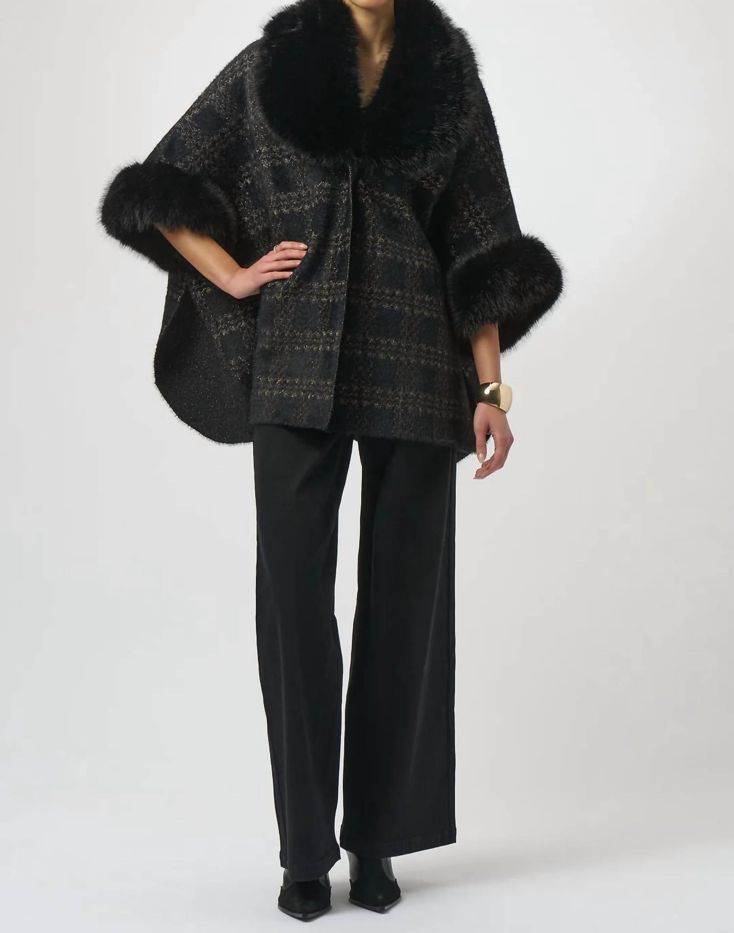 Joseph Ribkoff - Plaid Print Faux Fur Poncho