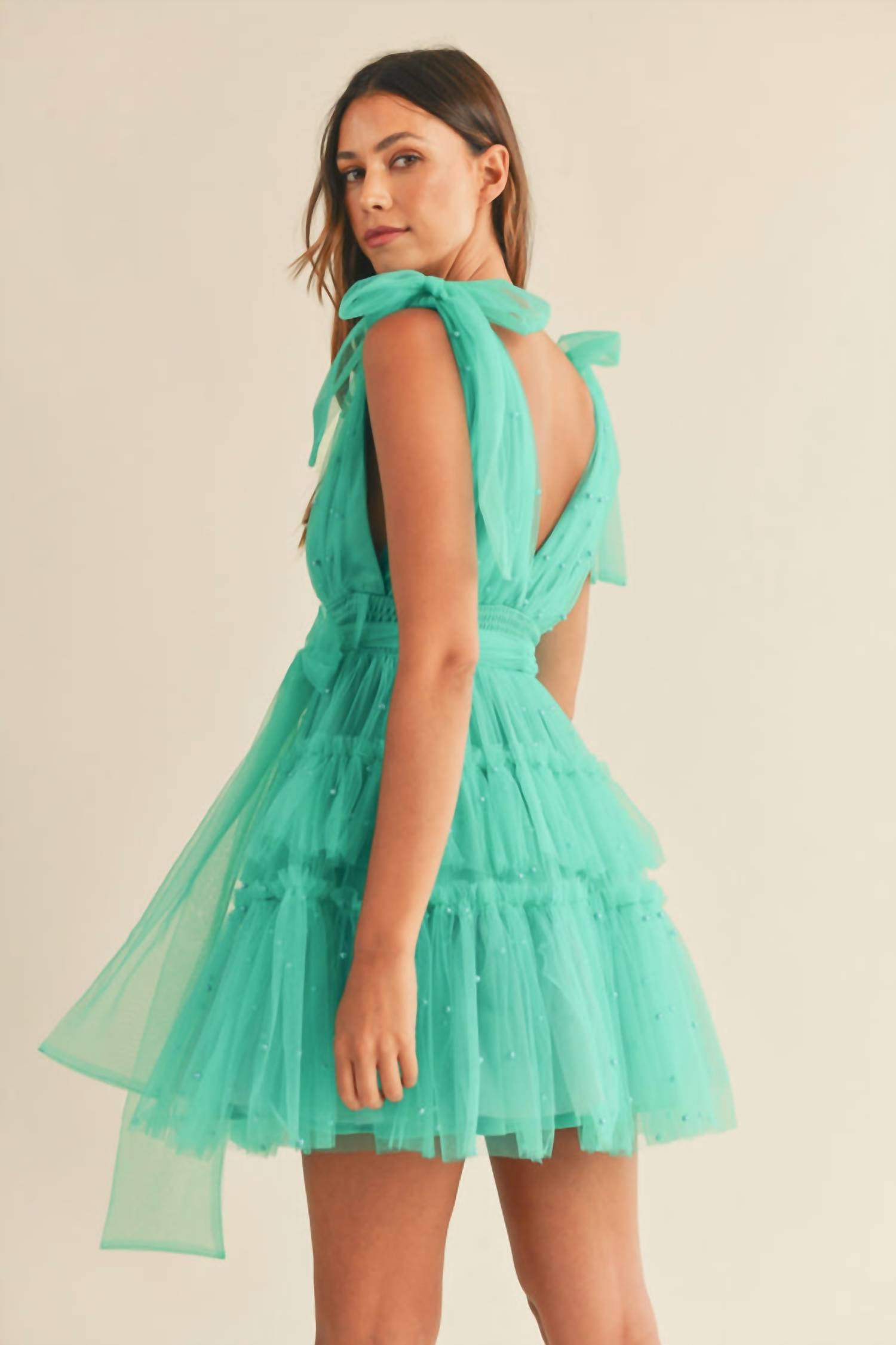Mable - Pearl Stud Mesh Tiered Mini Dress