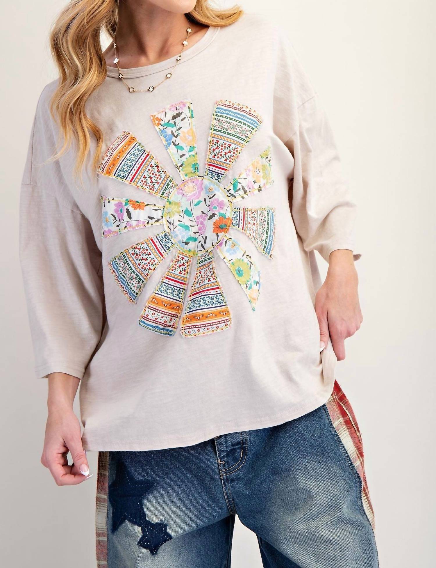 Easel - Patchwork Mineral Washed Cotton Slub Knit Top