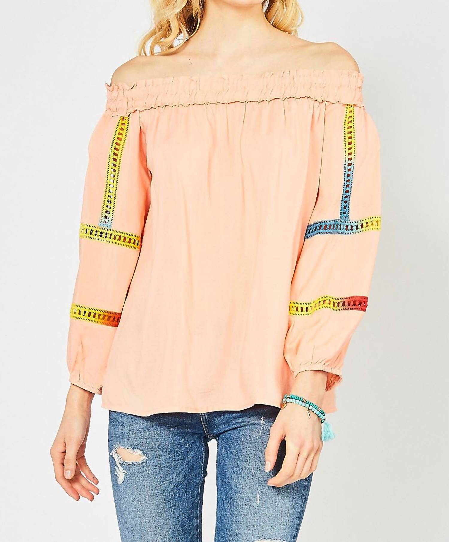 entro Off The Shoulder Crochet Top in peach - women's blouse