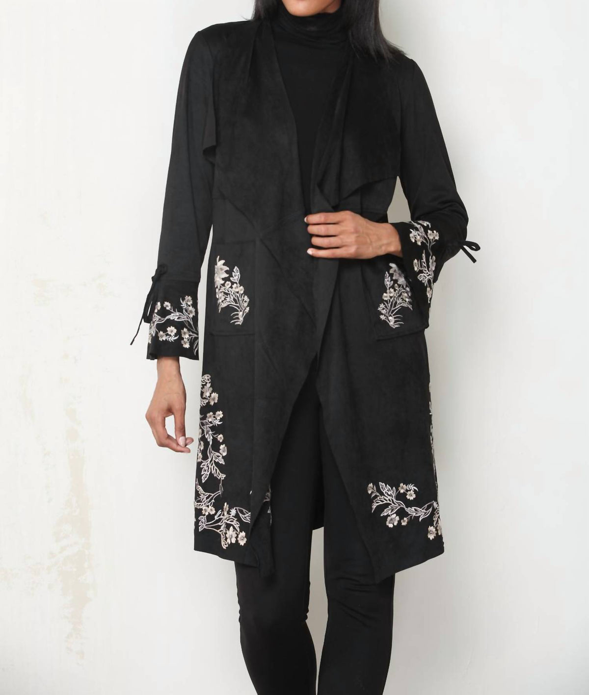 Paparazzi - Faux Suede Embroidered Drape Front Bell Sleeve Jacket