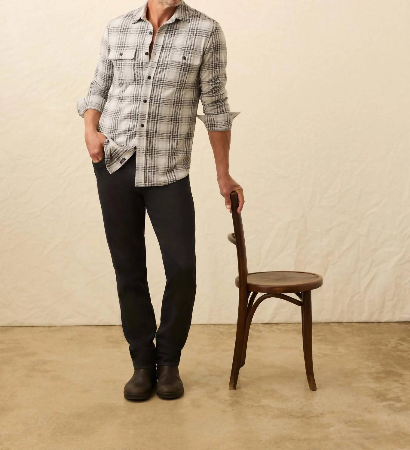 Faherty Double Pocket Legend Sweater Shirt in charcoal cream plaid - men's shirt - alternate view