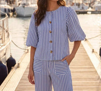 Karen Kane - Stripe Puff Sleeve Button Front Top