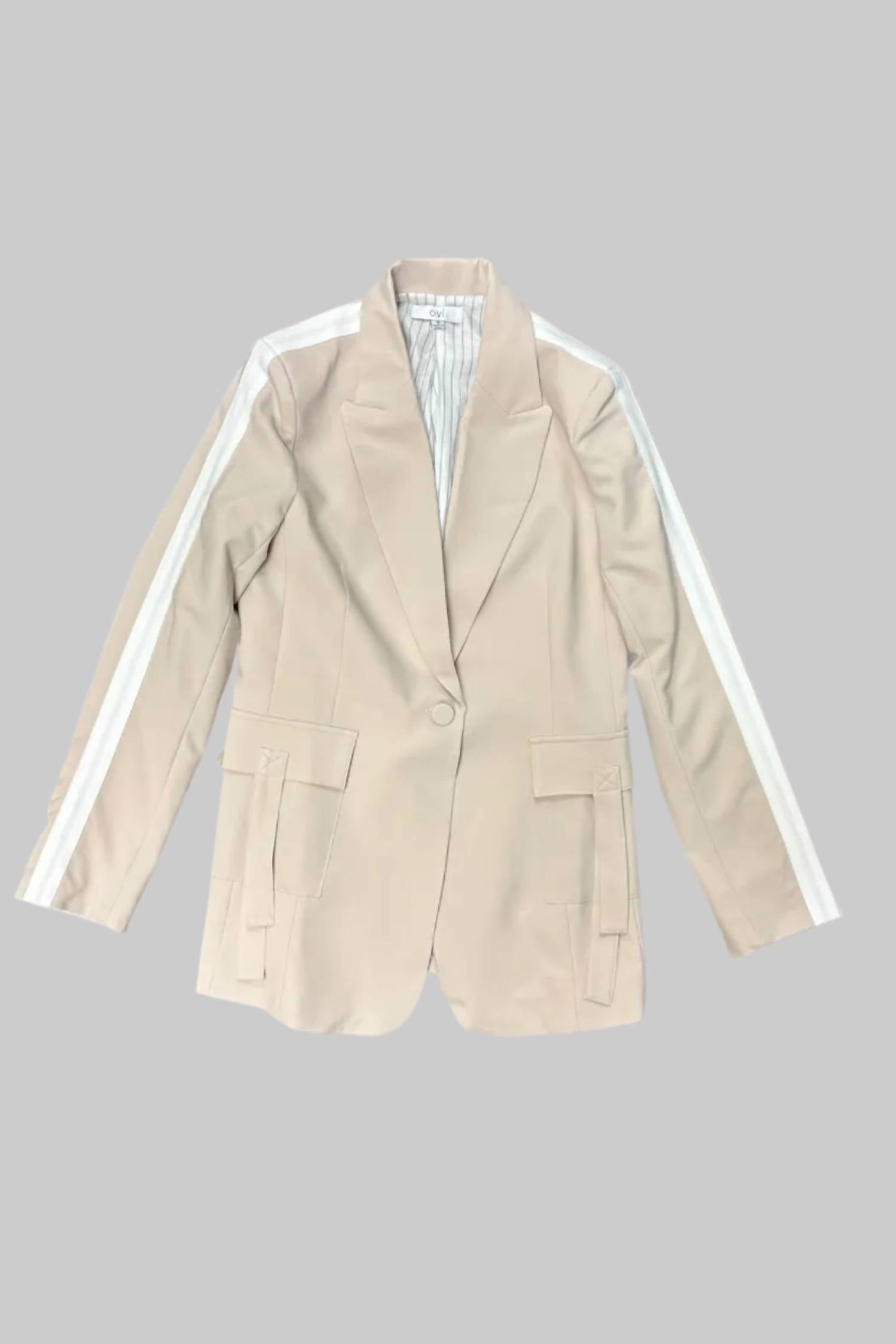 Art & Love USA Women's Stripe Sleeve Trim Blazer in beige - women's jacket