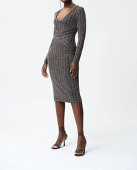 Joseph Ribkoff Long Sleeve V-neck Midi Dress in black gold - women's dress - detail view