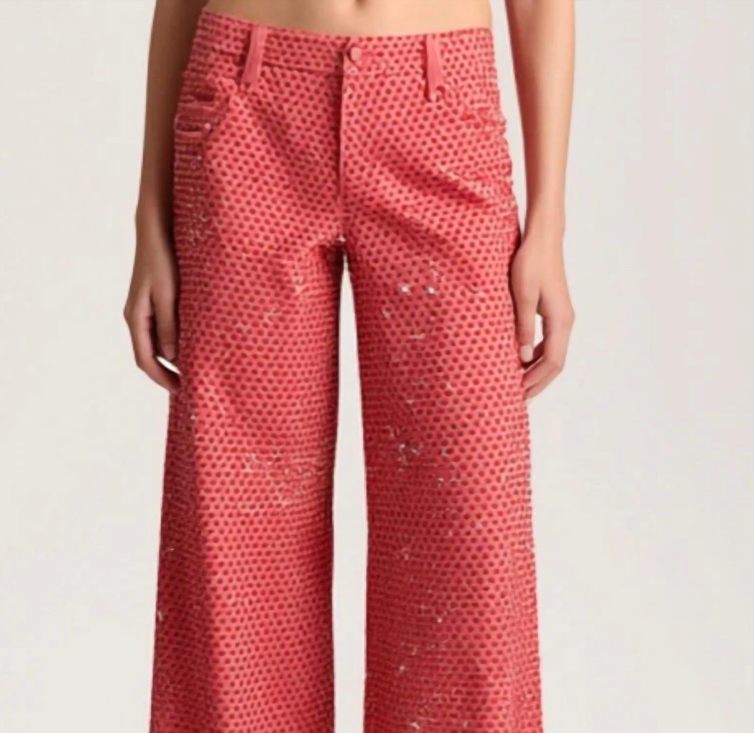 alice + olivia Women's Embellished Baggy Jean in red - women's jeans - detail view