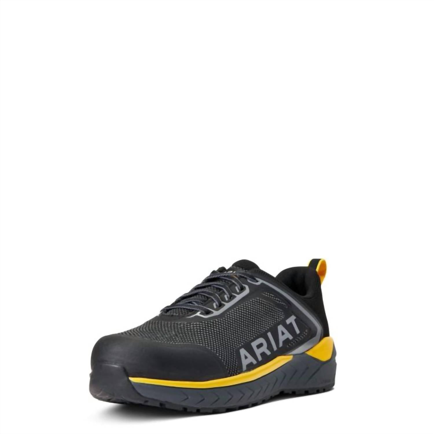 ARIAT Men's Outpace Composite Toe Work Shoe in charcoal blazing yellow - men's shoe - detail view