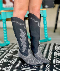 Forever Women's Rhinestone Cowboy Boots in black - women's shoe - detail view