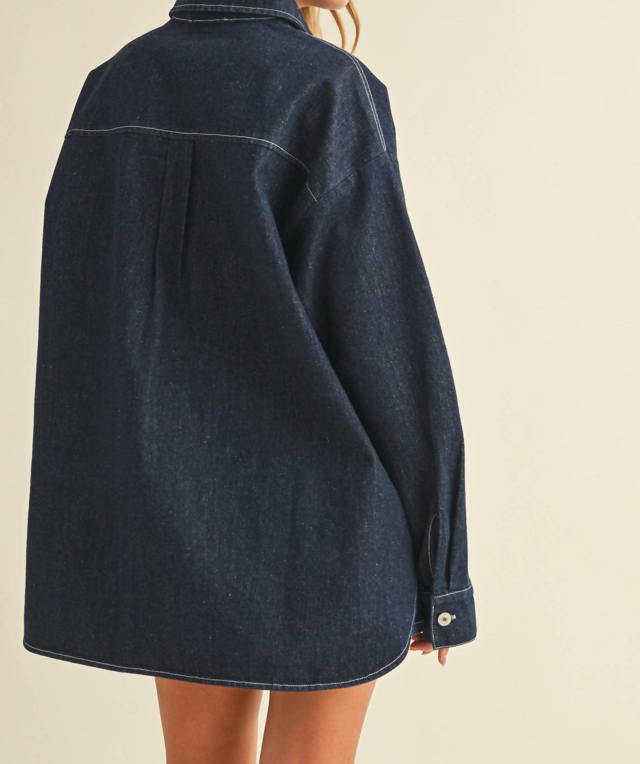 Klesis Cara Oversized Denim Shirt in dark blue - women's shirt - detail view