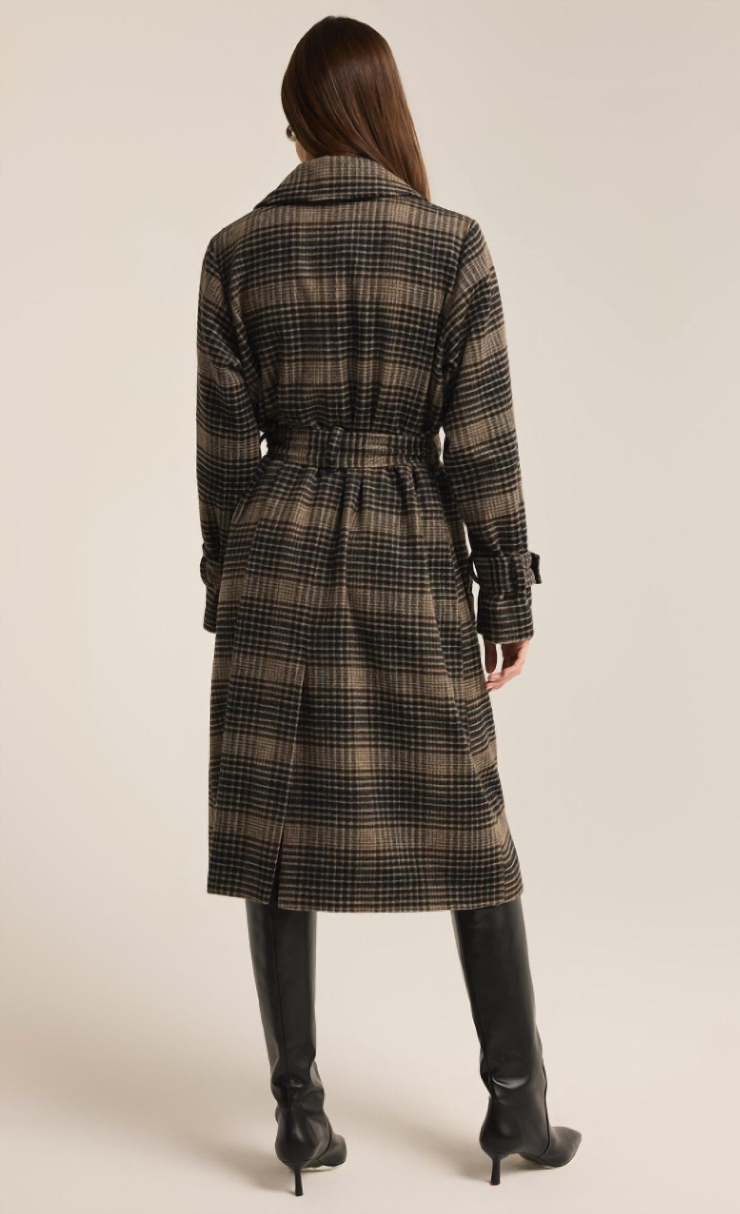 Z Supply Women's Jackie Plaid Trench Coat in latte - women's jacket - detail view