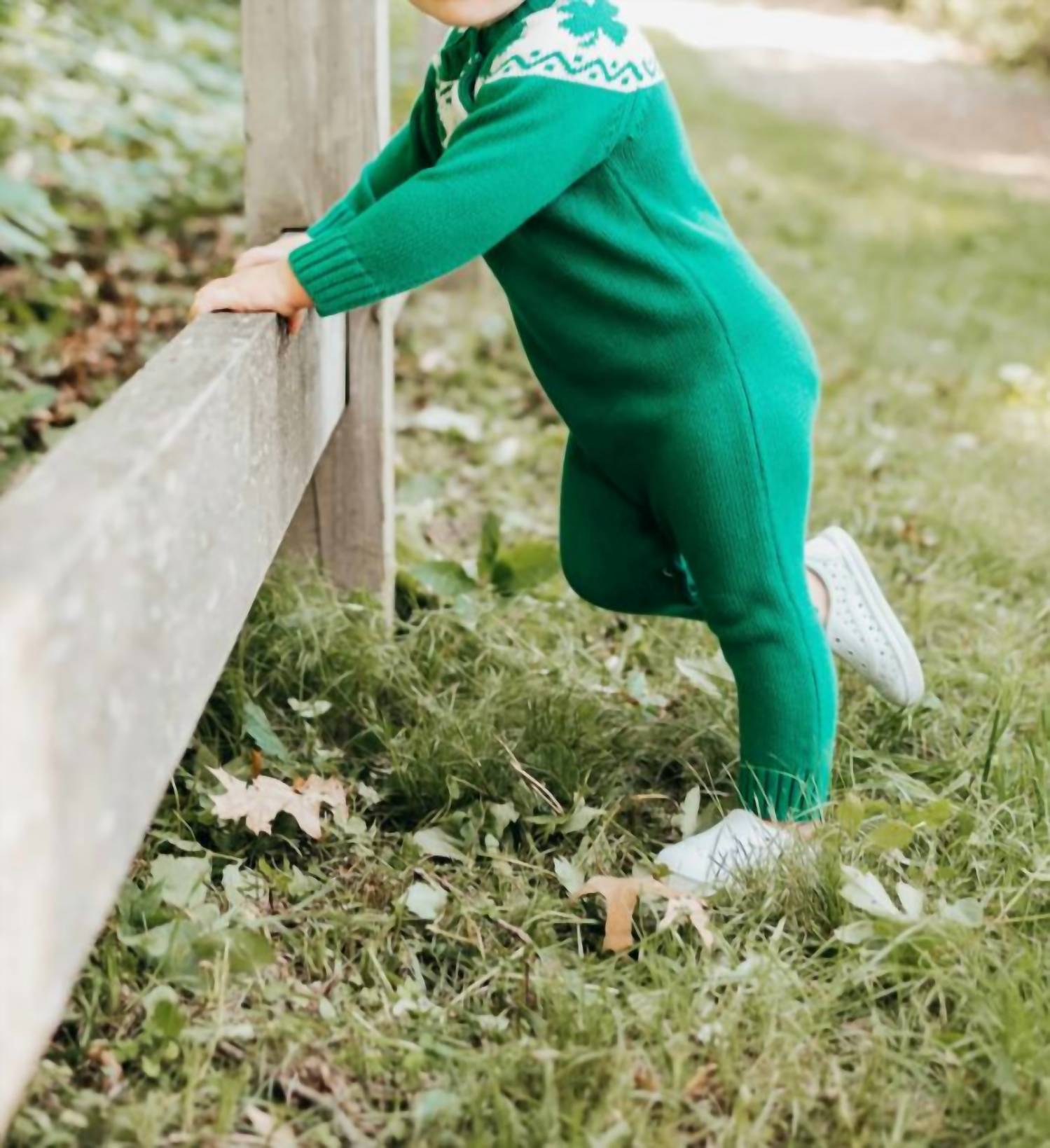 Maddie & Connor Co. Kid's Lucky Clover Romper in green - kids' item - detail view