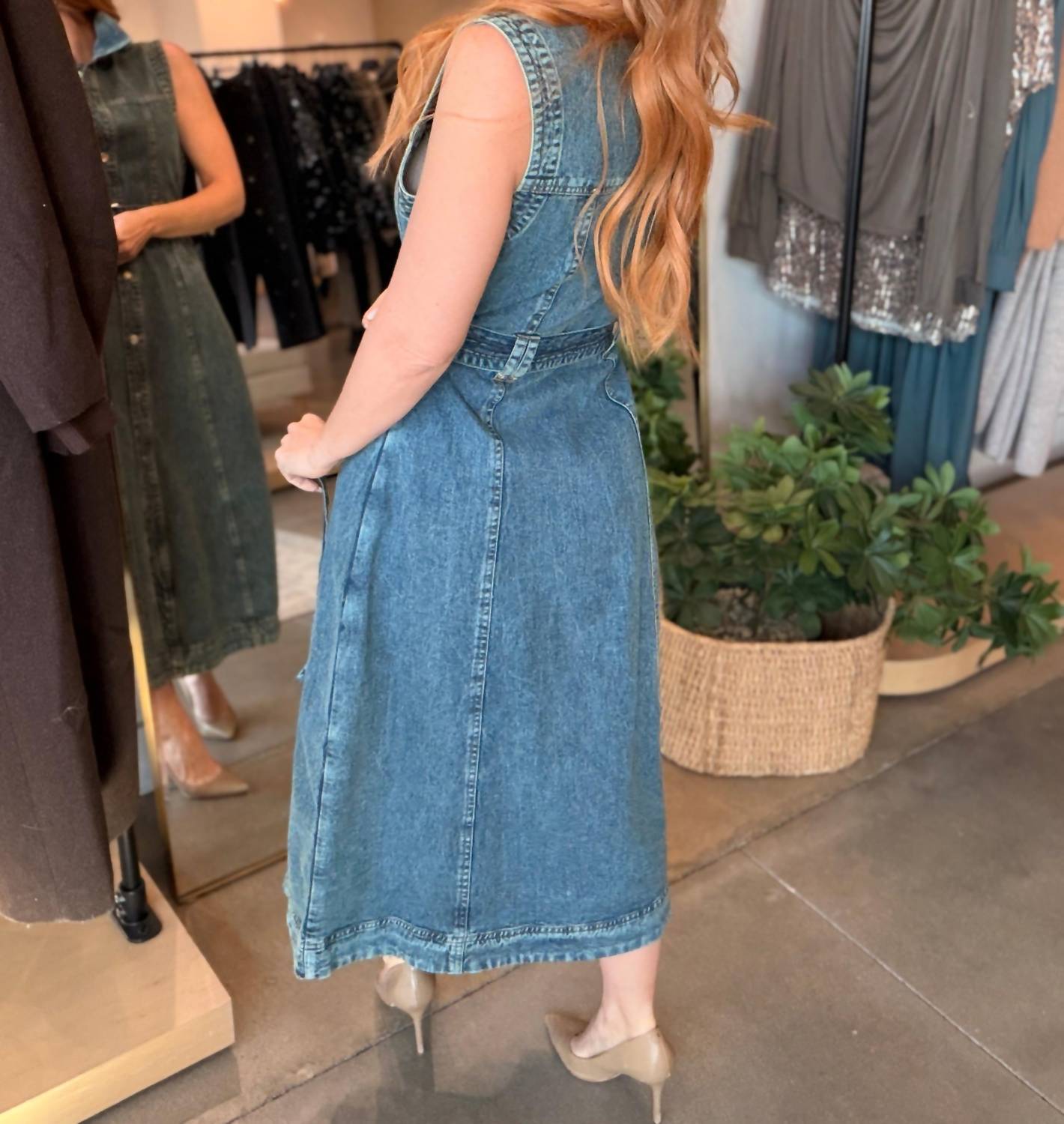 ELAN Midi Sleeveless A Line Denim Dress in blue - women's dress - alternate view