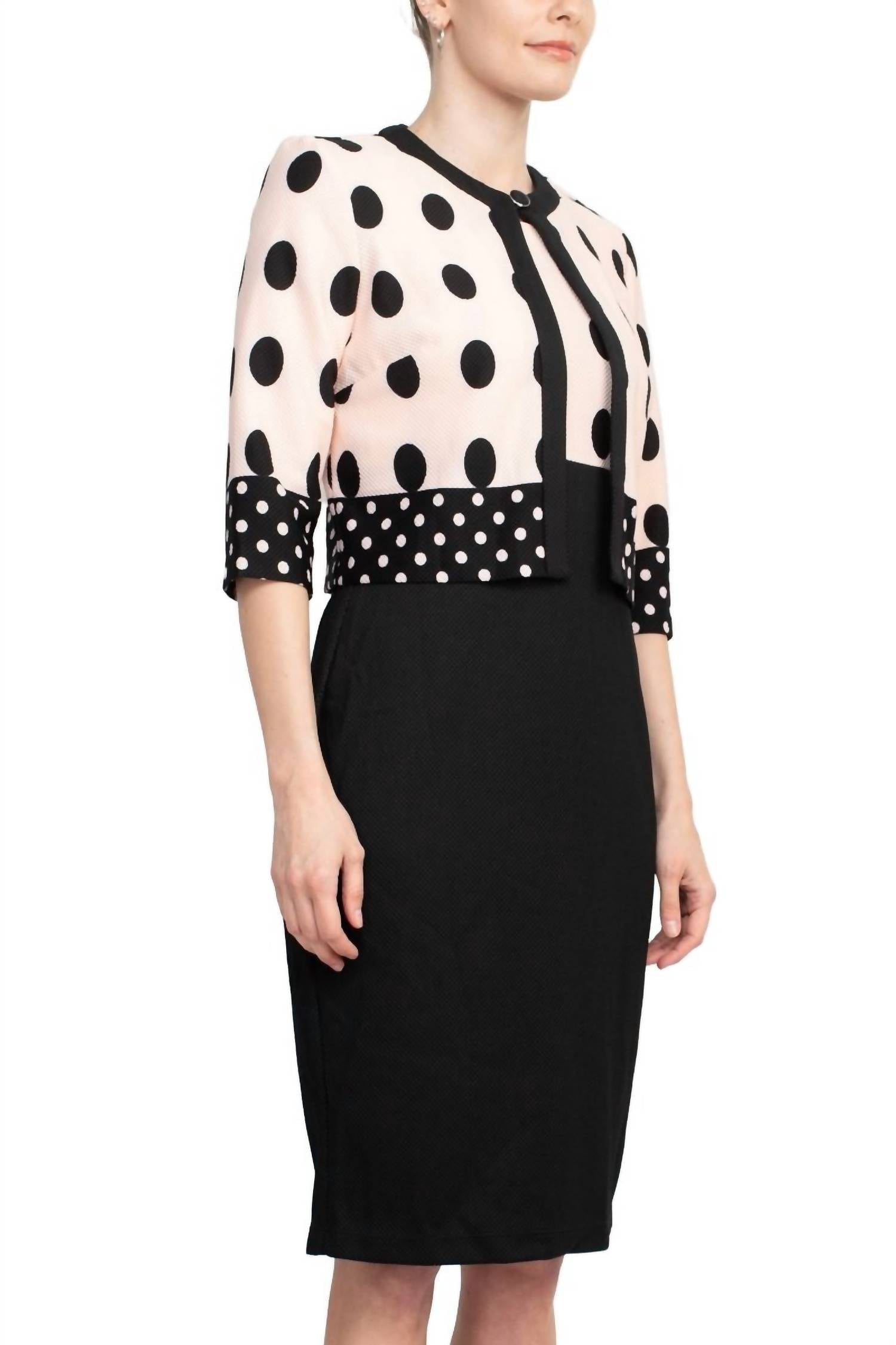 Danny & Nicole - Crew Neck Sleeveless Polka Dot Dress With Pocket Jacket Set