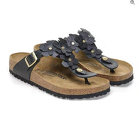 BIRKENSTOCK Women's Gizeh Flower Leather Sandal in black - women's shoe