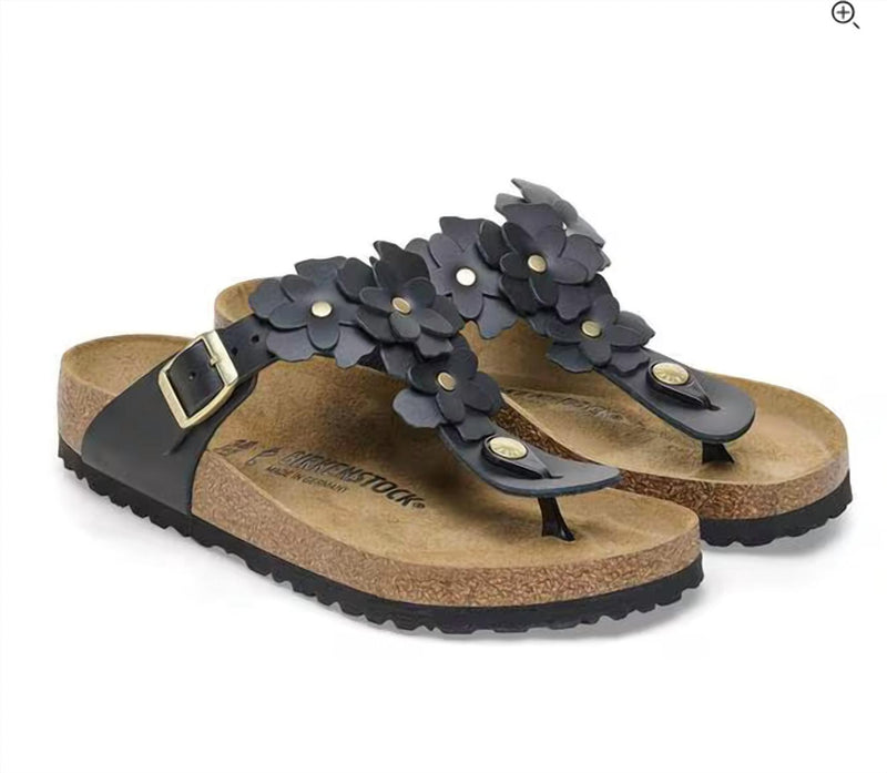 BIRKENSTOCK Women's Gizeh Flower Leather Sandal in black - women's shoe