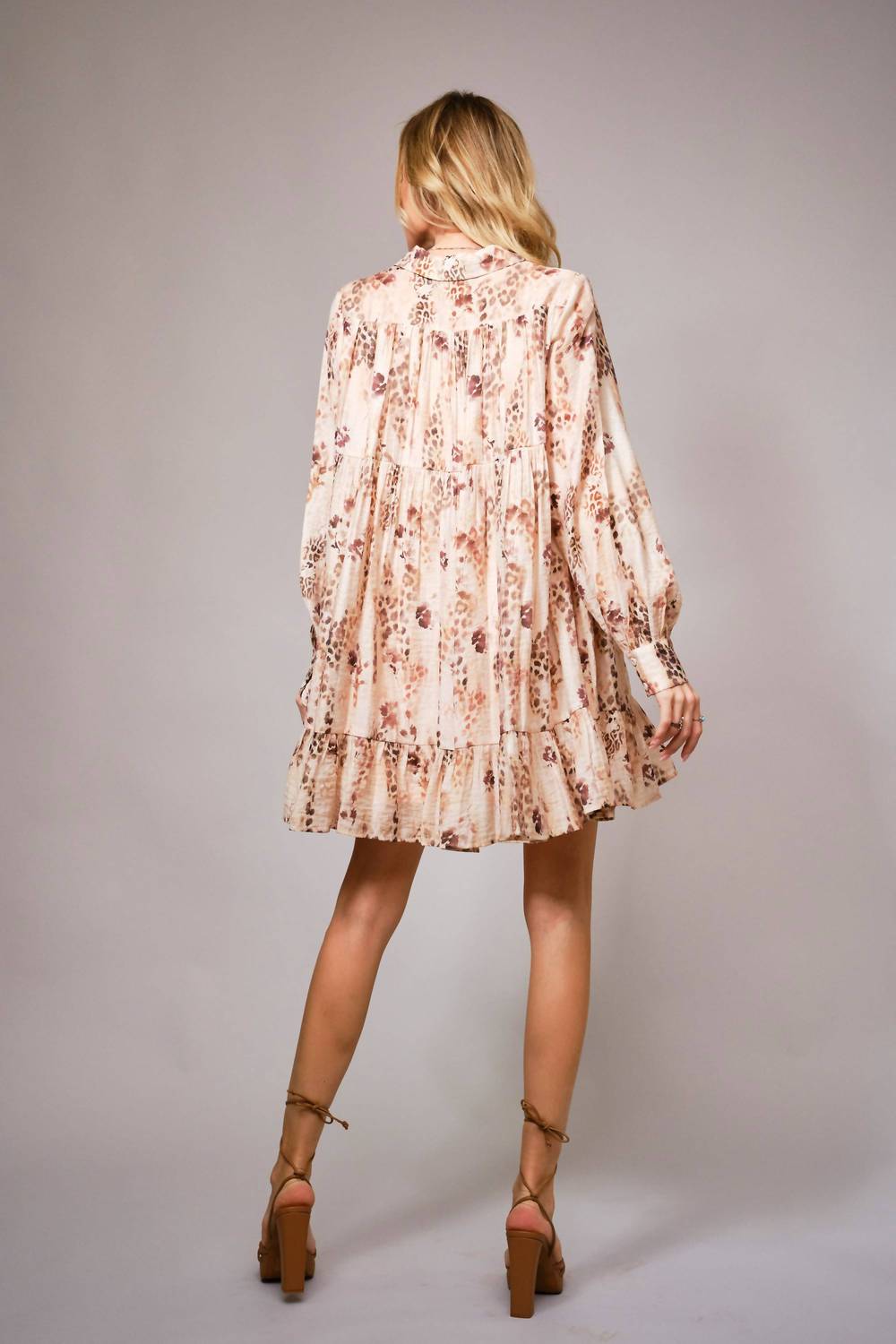 Blue B Floral Leopard Print Tiered Mini Dress in brown - women's dress - detail view