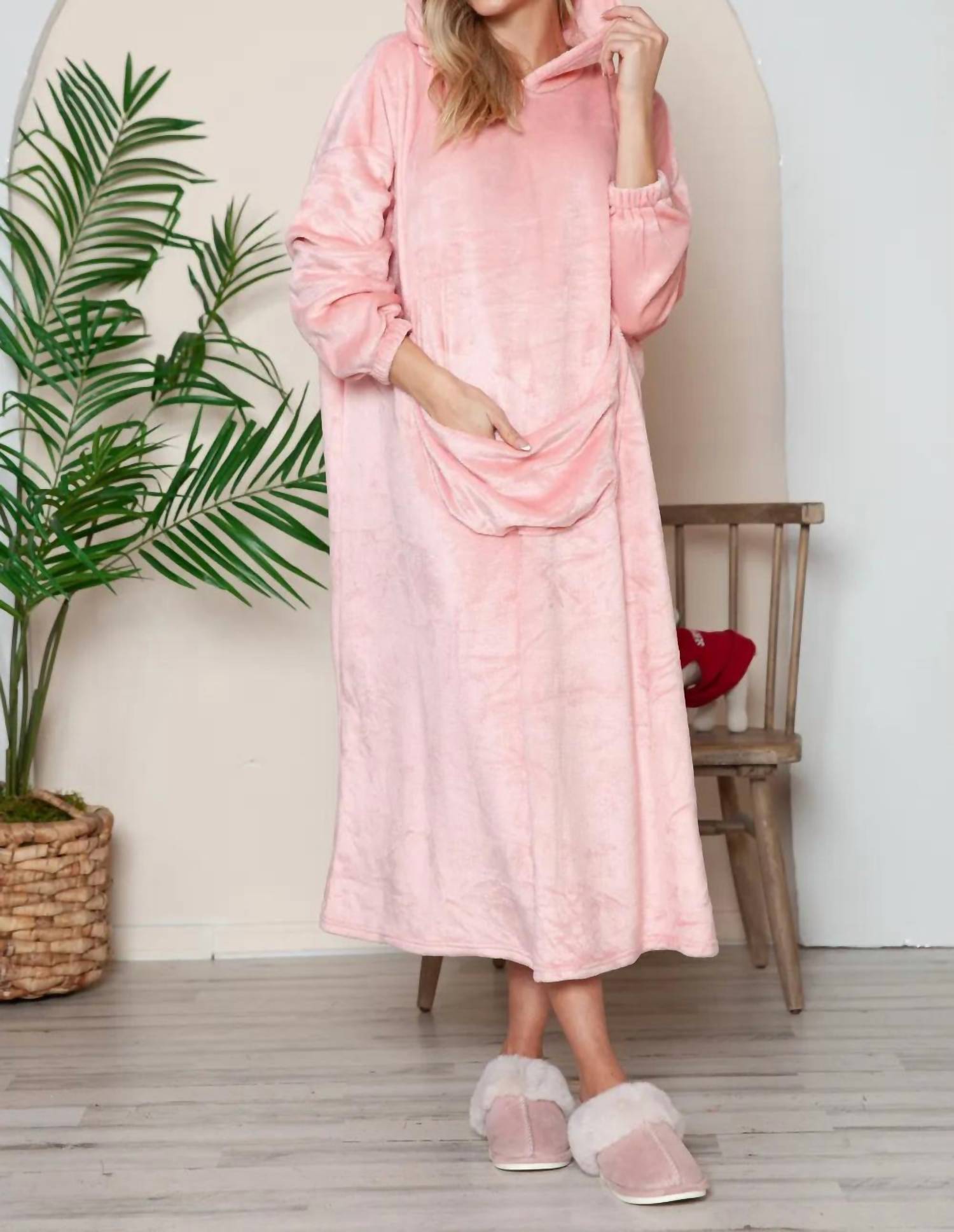Double Take - Full Size Pocketed Hooded Midi Lounge Dress