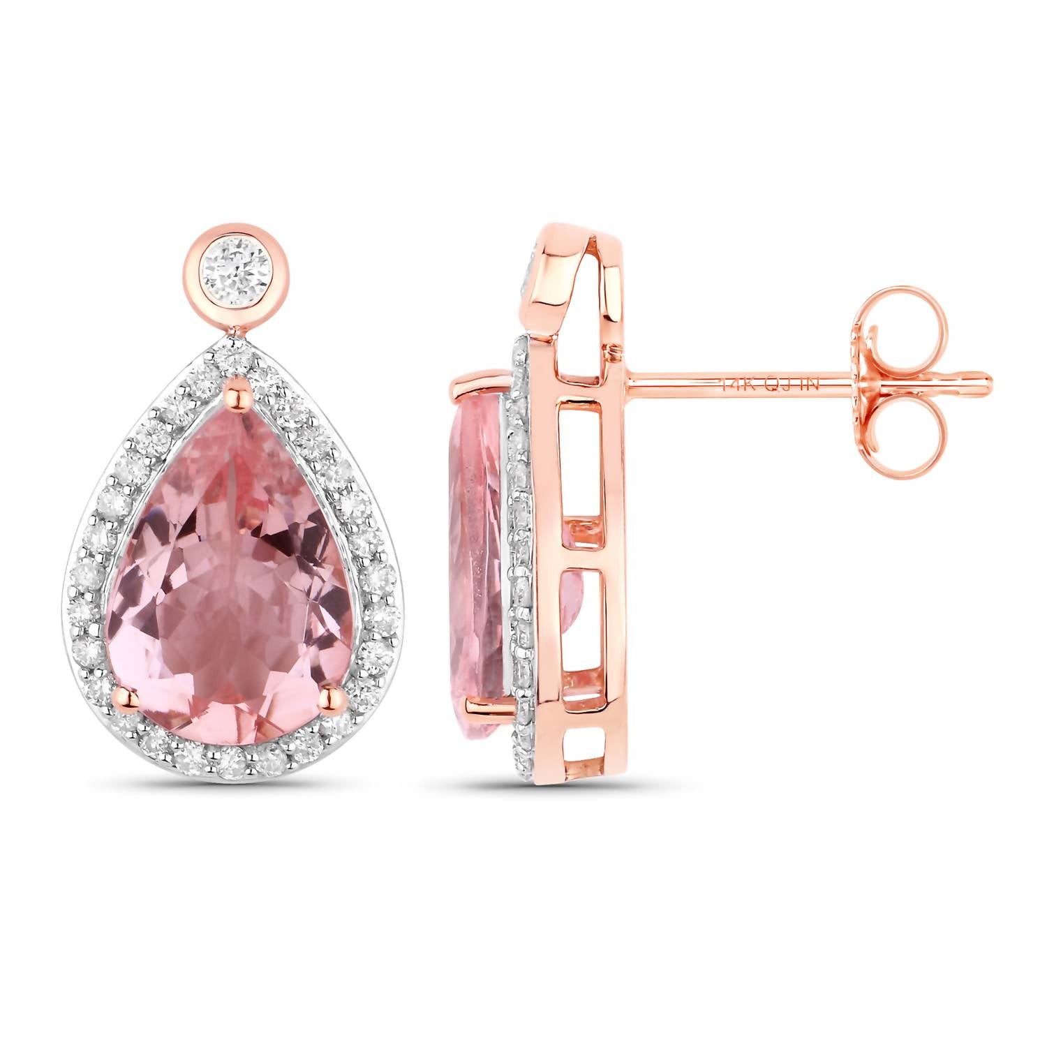 Diana M Jewels Women's Pear Natural Pink Morganite Stud Earrings (3.03 Ct) - Signature Plus in 14k rose gold - women's jewelry - detail view