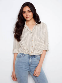 Charlie B - Yarn Dye Stripe Twist Front Shirt With Roll Up Long Sleeves