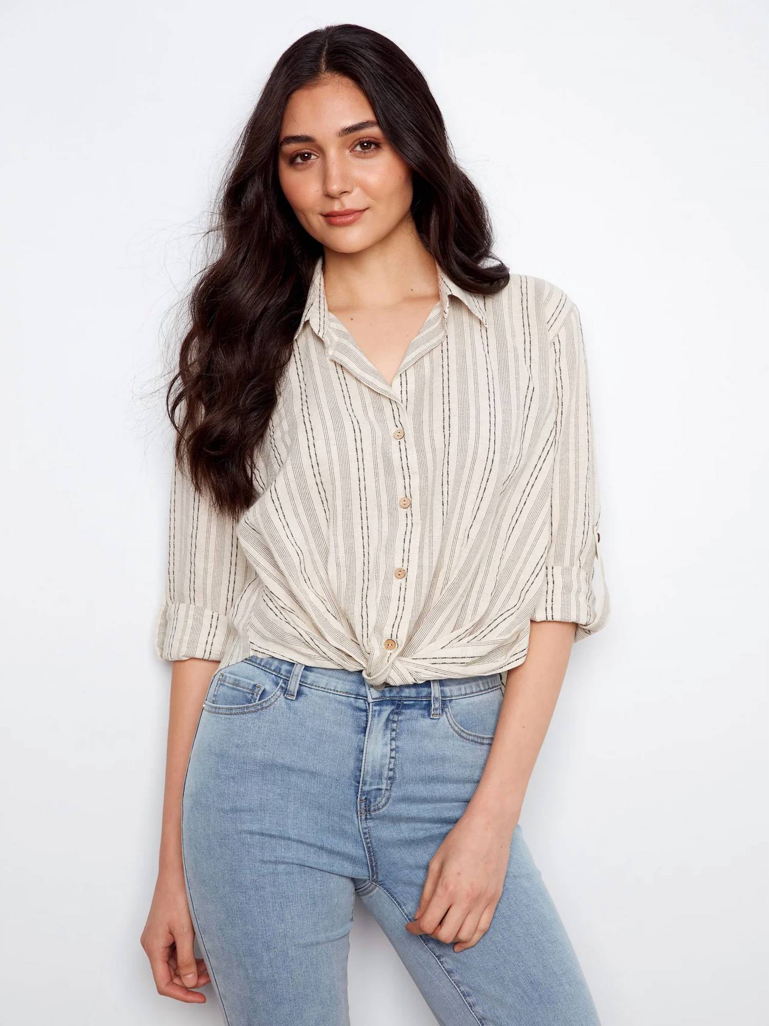Charlie B - Yarn Dye Stripe Twist Front Shirt With Roll Up Long Sleeves
