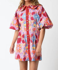 Olivaceous - Groovy Floral Puff Sleeve Mini Dress