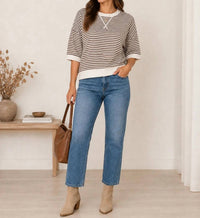 Zenana - Women's Striped Rib Banded Short Sleeve Pullover