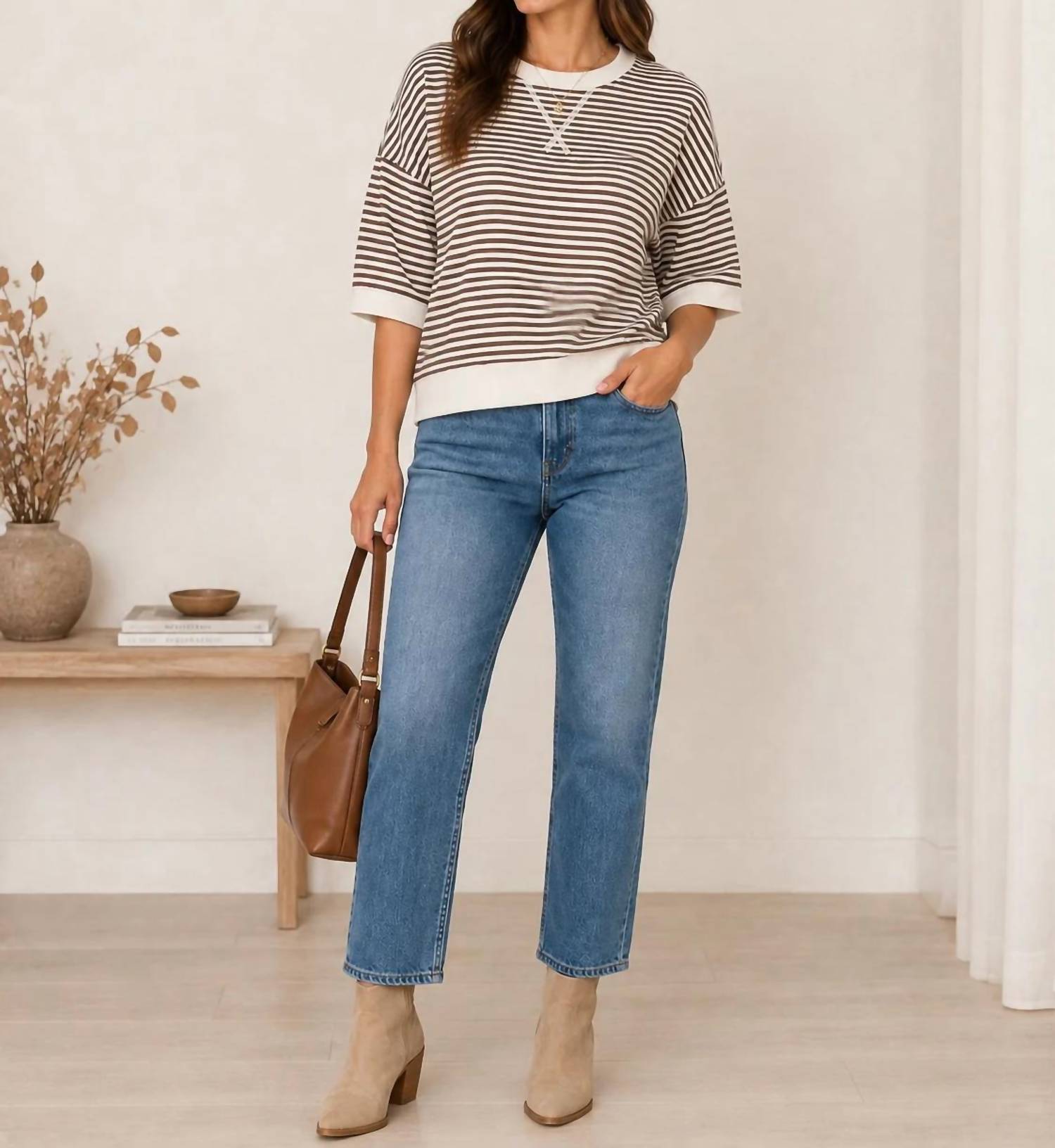 Zenana - Women's Striped Rib Banded Short Sleeve Pullover