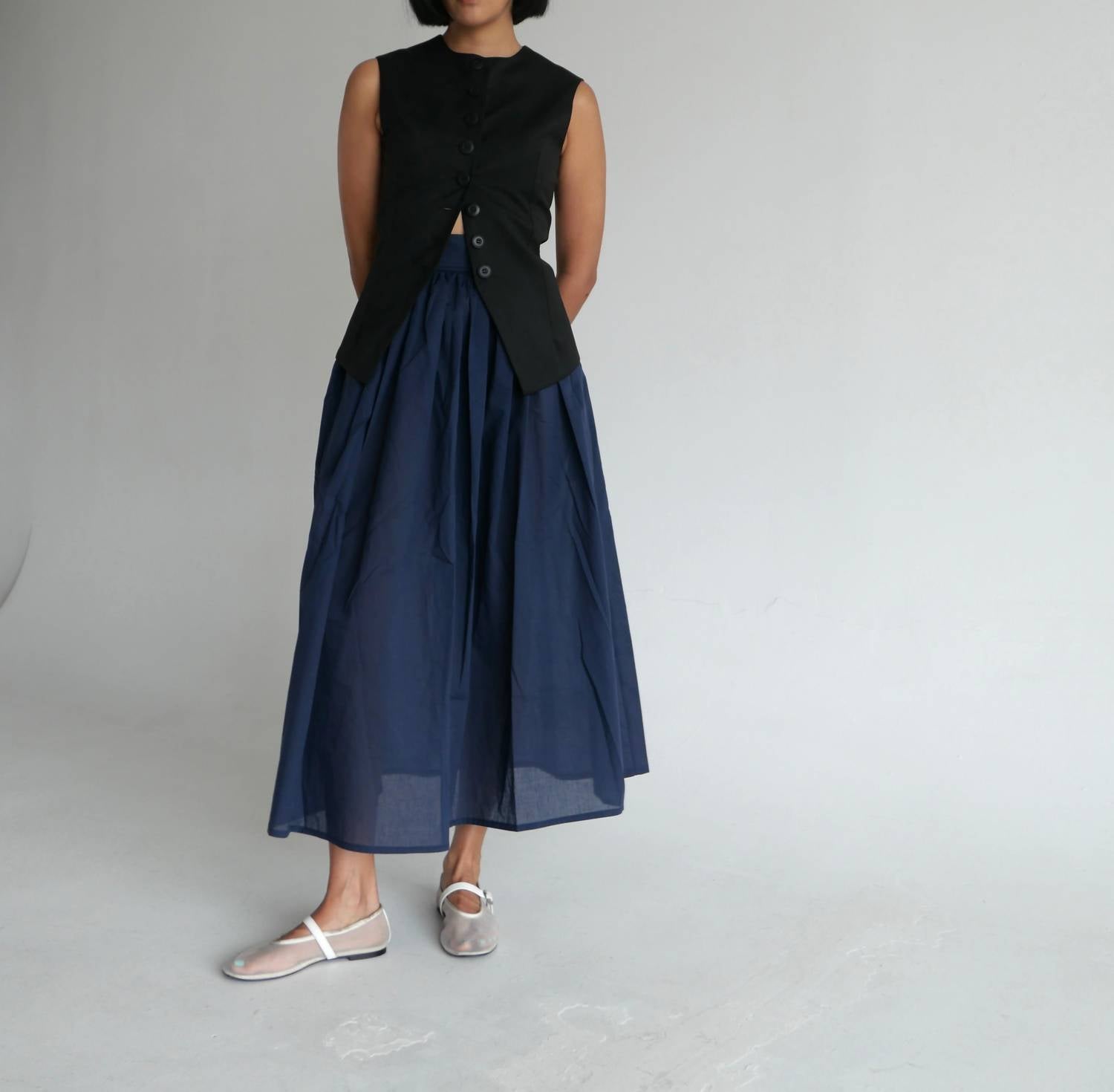 Sloan Cotton Voile Belted Midi Skirt in navy - women's skirt