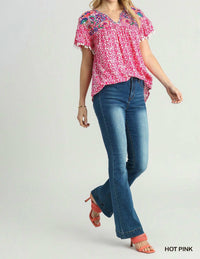Umgee - Animal Print Split Neck Ruffle Sleeve Top