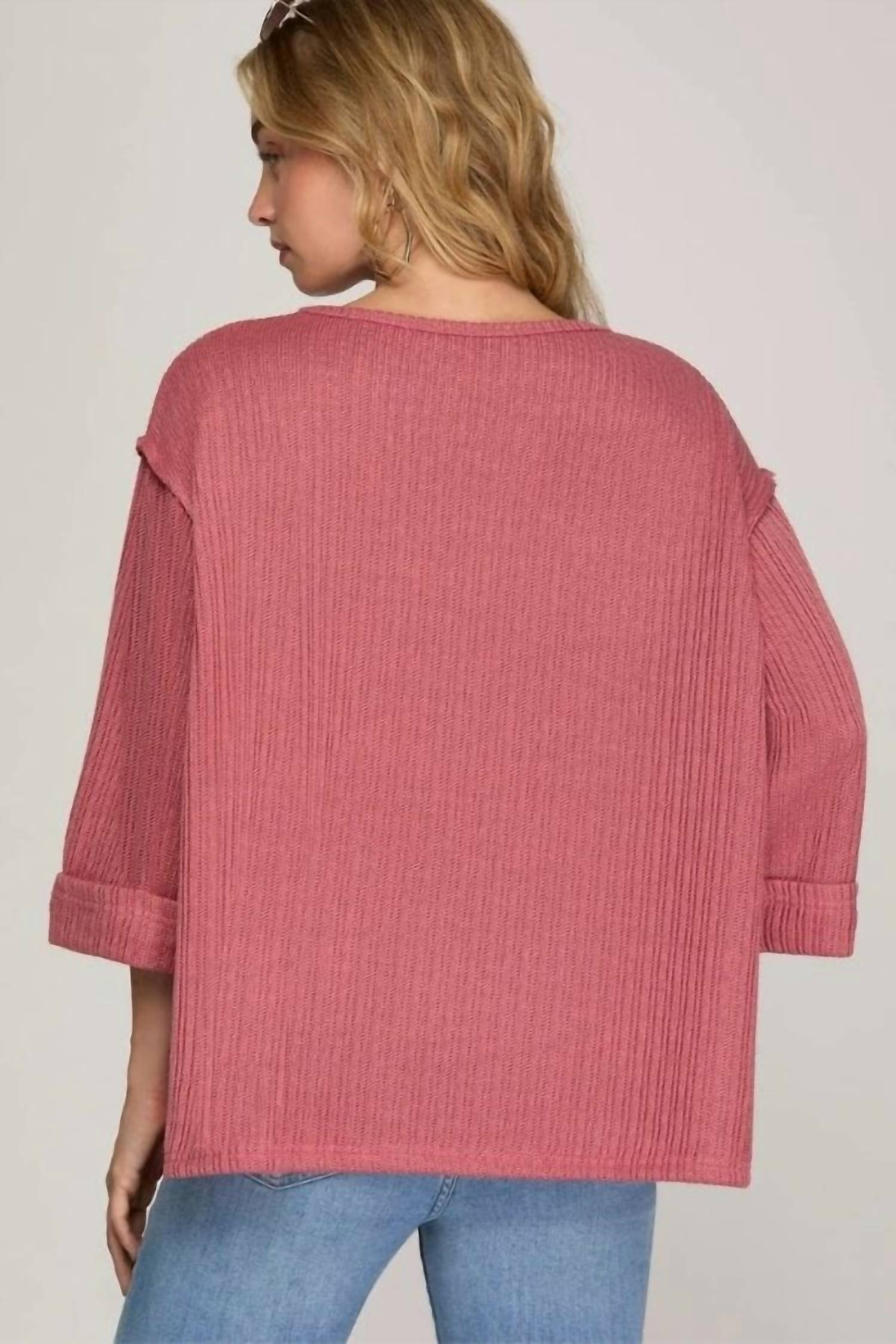 SHE + SKY Women's Folded Sleeve Knit Top in dusty rose - women's long sleeve top - alternate view