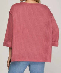 SHE + SKY Women's Folded Sleeve Knit Top in dusty rose - women's long sleeve top - detail view