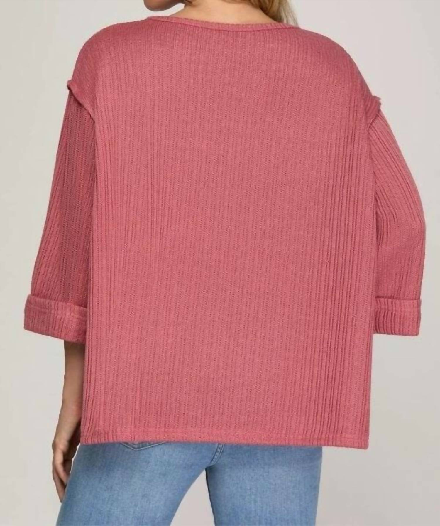 SHE + SKY Women's Folded Sleeve Knit Top in dusty rose - women's long sleeve top - detail view