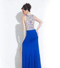 Rachel Allan - High Mesh Neck Jersey Prom Gown With High Slit