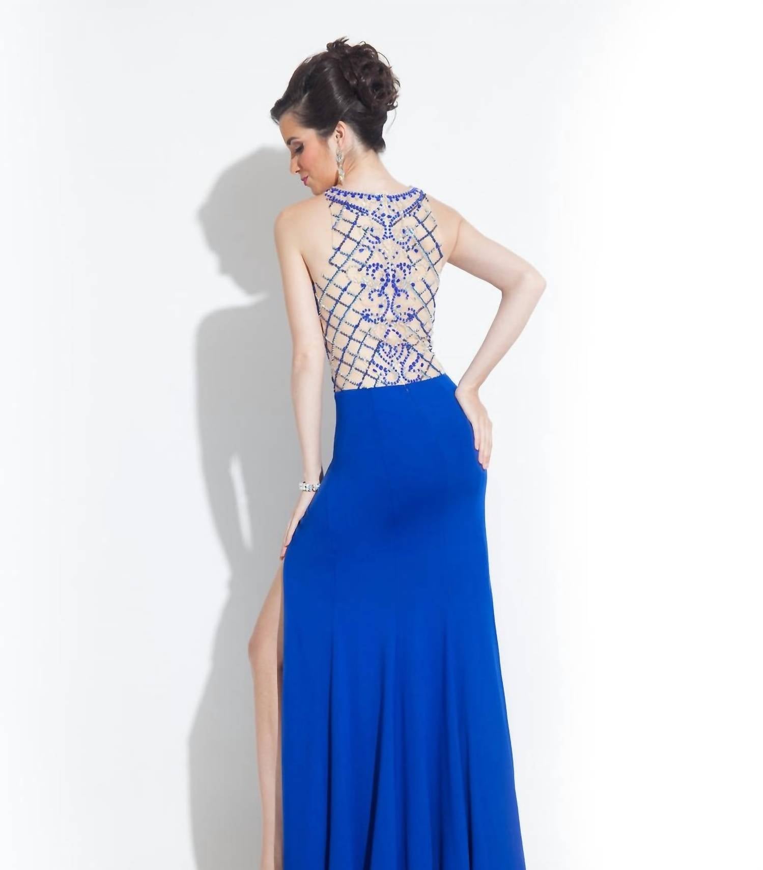 Rachel Allan - High Mesh Neck Jersey Prom Gown With High Slit